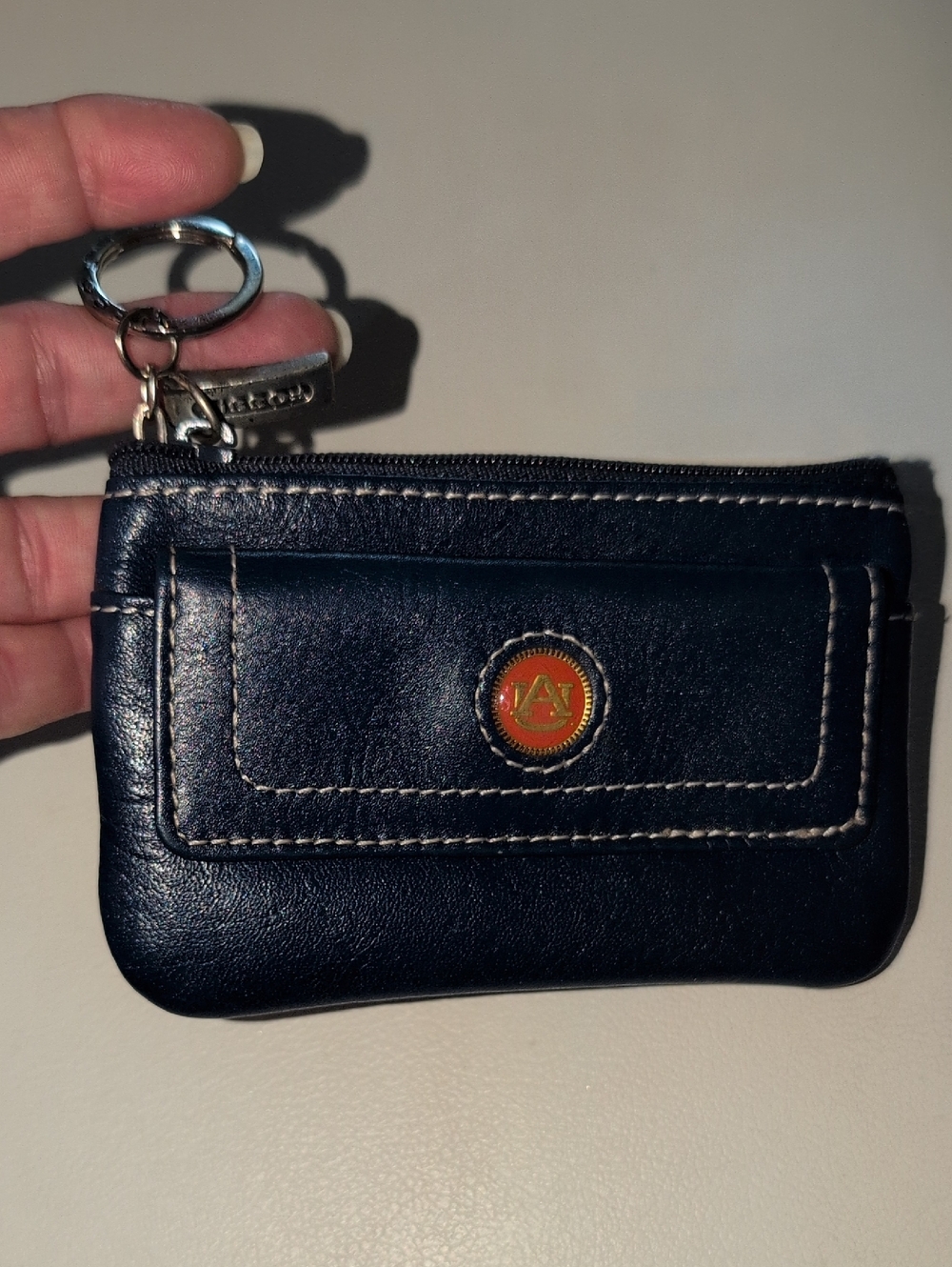 Fossil Navy Leather  Zip Key Ring  with AU Emblem (Auburn University)
